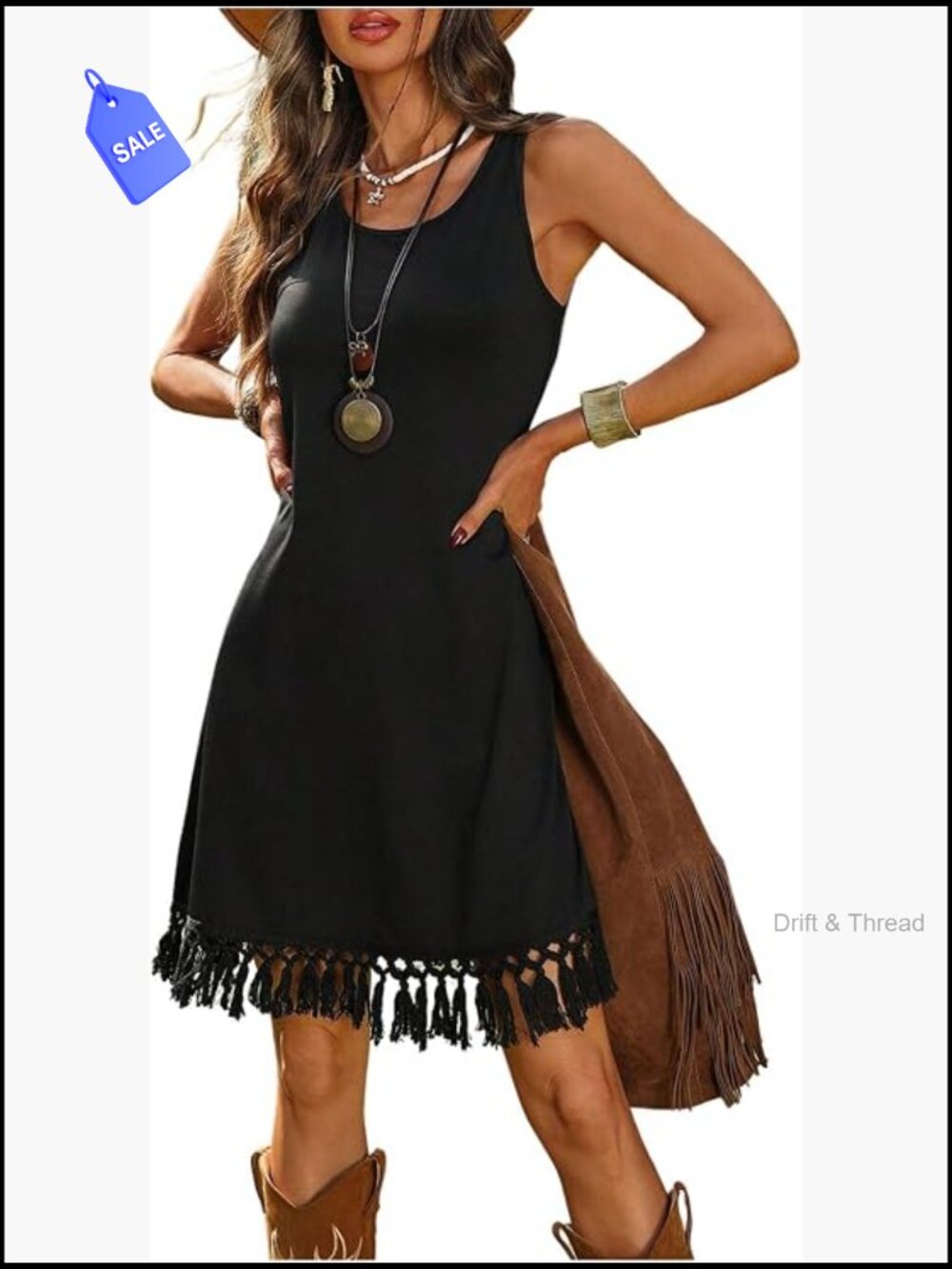 Sleeveless Tank Dress with Tassel Trim Cowgirl Western Summer Swing Dress